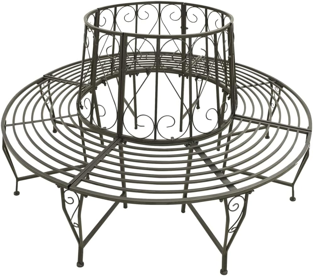 63 Inch Round Tree Bench, Steel Garden Bench with Backrest and Scroll Design, Weathered Silver Grey Outdoor Seating for Patio, Yard and Park