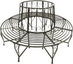 63 Inch Round Tree Bench, Steel Garden Bench with Backrest and Scroll Design, Weathered Silver Grey Outdoor Seating for Patio, Yard and Park