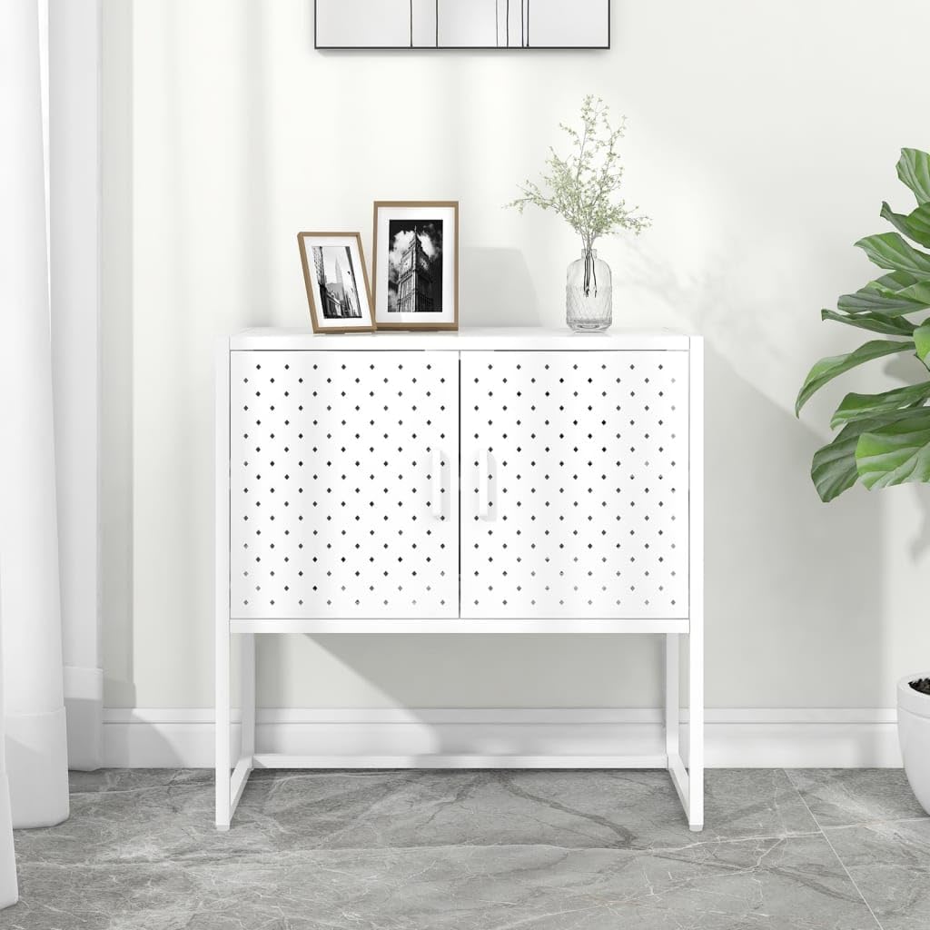 White Steel Sideboard with Adjustable Levelers, Modern Rectangular Storage Cabinet for Living Room and Dining Room, Sturdy Powder-Coated Steel Construction, Sleek Minimalist