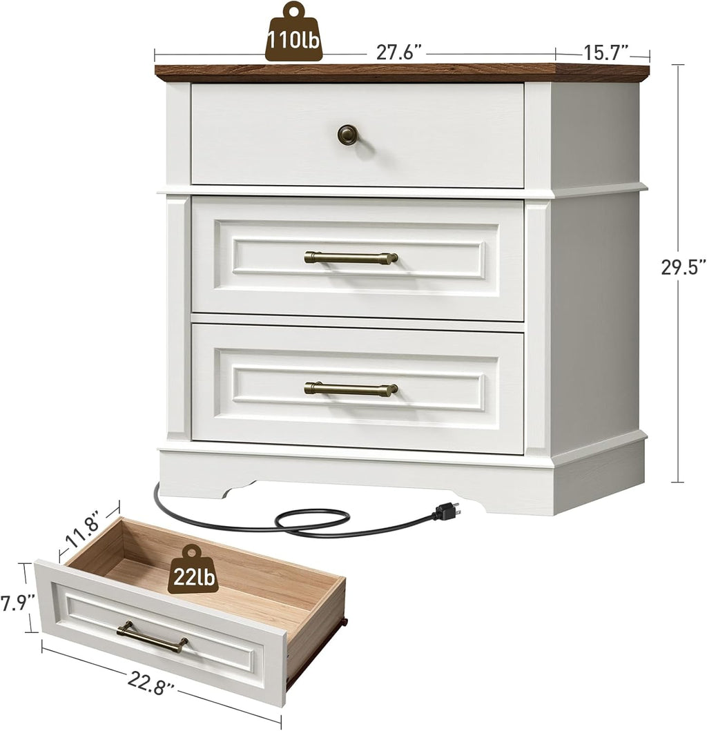 RALGEND 29.5" Tall Nightstand with Charging Station, 3 Drawer Farmhouse Night Stand, 27.6" Wide End Table with Storage, Large Bedside Table for Bedroom Living Room, White and Walnut