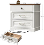 RALGEND 29.5" Tall Nightstand with Charging Station, 3 Drawer Farmhouse Night Stand, 27.6" Wide End Table with Storage, Large Bedside Table for Bedroom Living Room, White and Walnut