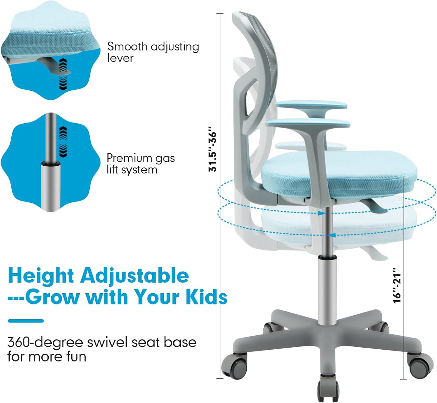 Costzon Kids Desk Chair, Adjustable Children Study Computer Chair with Arms & Wheels, Student Swivel Rolling Task Chair, Ergonomic Kids Office Chair for Boys Girls Age 4-12, Home Bedroom School, Blue