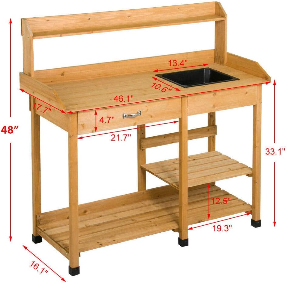 48" Wooden Outdoor Indoor Planting Gardening Garden Potting Bench Workbench Workstation Table Removable Sink Drawer 2 Tiers Storage Shelves Rack Open Shelf 3 Side Hooks Gardening Supplies Tools Storag