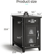 LINSY HOME End Table Set of 2 with Charging Station, Modern Farmhouse Side Table with Drawer, Wooden Narrow Bedside Table for Living Room, Slim Nightstand with Storage Cabinet, Black, Glass Door