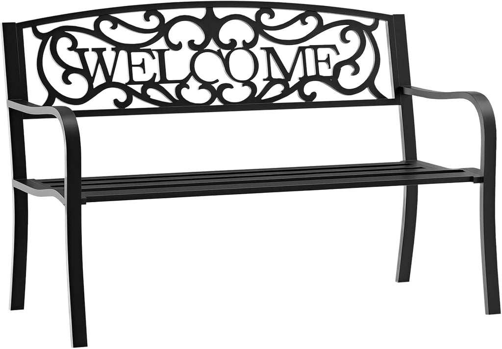 Garden Bench, 50 Inch 2-Person Outdoor Patio Loveseat with Cast Iron Welcome Vines, Decorative Park Bench for Backyard Porch Entryway Lawn Garden