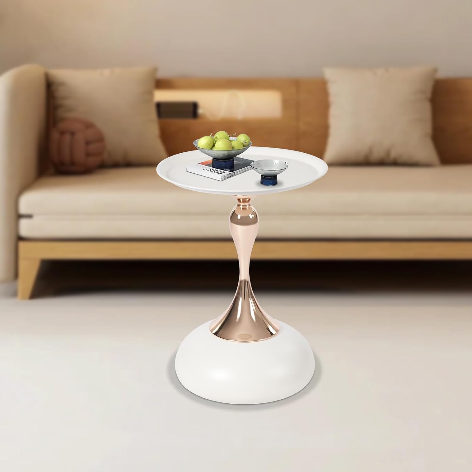 Metal Round End Table,Small Round Side Tables for Small Spaces, Modern Pedestal End Table Living Room, Metal Drink Tables Martini Table, Unique Circle Accent Tables for Sofa, Bedroom (White+Rose Gold)