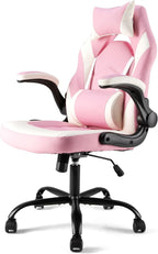 Ergonomic Computer Gaming Desk Chair, PU Leather with Adjustable Lumbar Support and Headrest, Flip-Up Armrests Swivel Wheels & Reclining Chair for Adults and Teens (Pink)