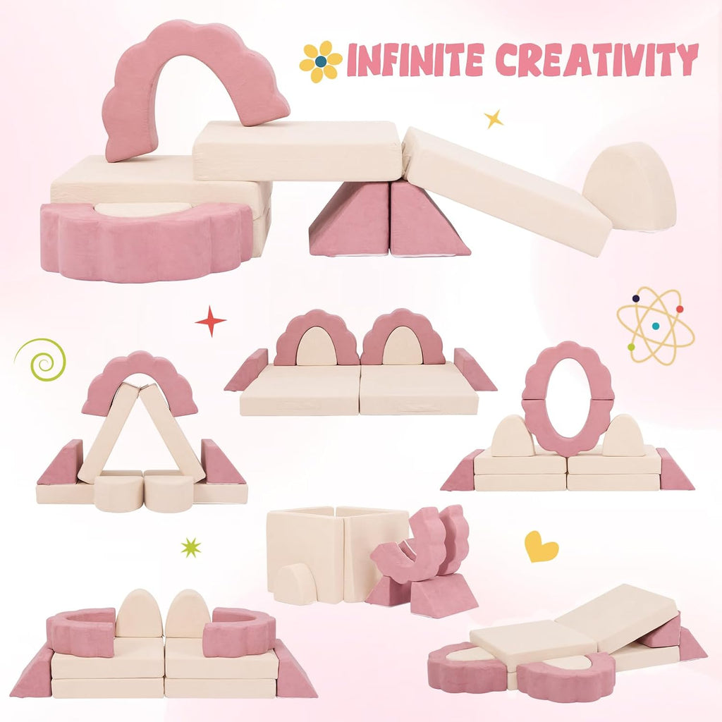 Flower Kids Play Couch 10PCS Toddler Couch High Density Foam Sectional Sofa Playroom Kids Furniture for Girls and Boys Bedroom (Pink)