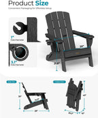 Folding Adirondack Chair, HDPE Adirondack Chairs with 2 Cup Holder, Plastic All-Weather Fire Pit Chairs, Outdoor Lawn Chair for Patio Garden (Black)
