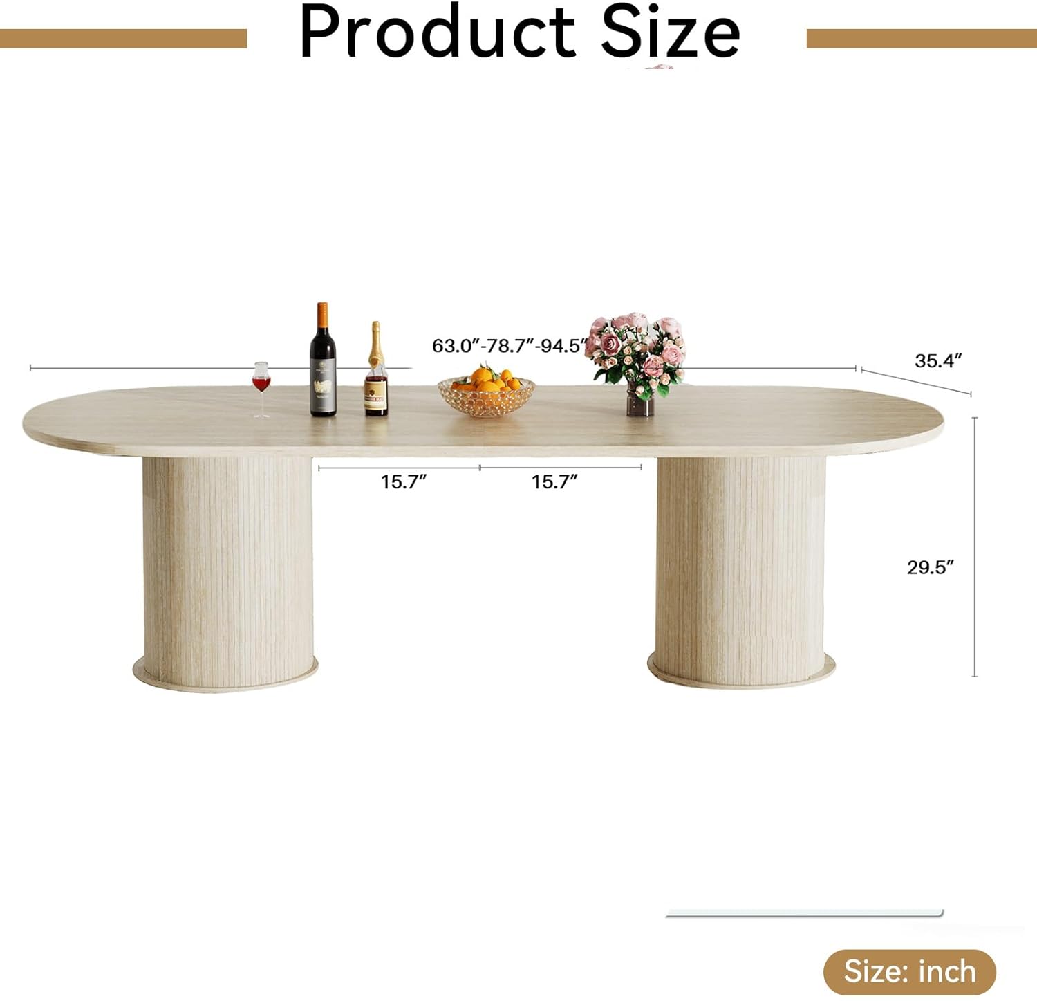 63"-94" Large Oval Extendable Dining Table for 6 8 10, Faux Travertine Expandable Kitchen Table with 2 Storage Base & Sliding Doors, Modern Farmhouse Dining Table for Dinner Party Family Gathering