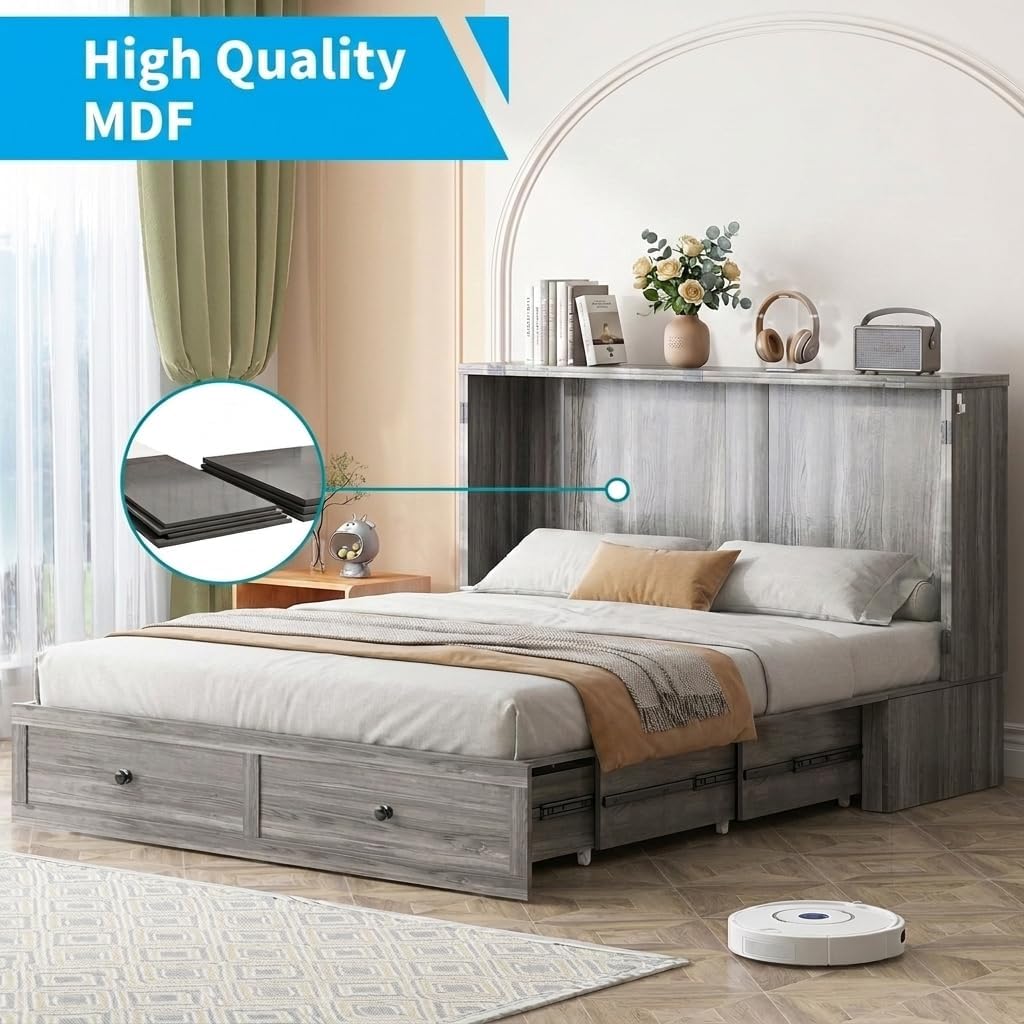 Mjkone Queen Size Cabinet Murphy Bed with Tri-Folding Foam Mattress, Farmhouse Chest Cabinet Wall Beds with USB Charging Station and 2 Storage Drawers for Bedroom Office Guest Room, Gray