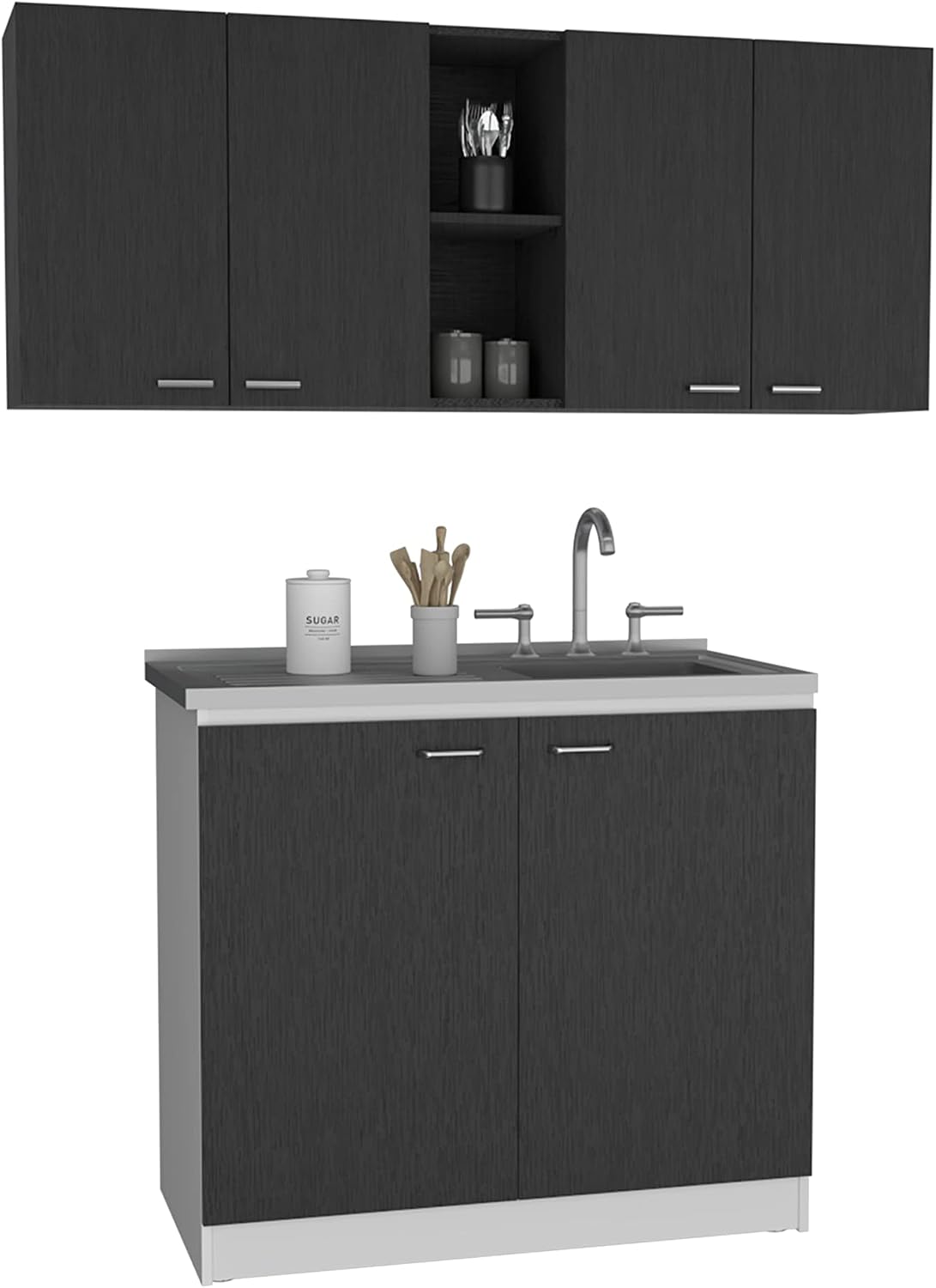 2-Piece Kitchen Set (Black/White) – 150cm Wall Cabinet + Utility Sink with Cabinet, Easy-Assemble Interlocking Design