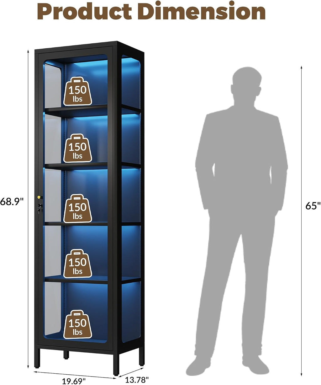 69" Glass Display Cabinet with Lock & 13-Color LED Lights, 5-Tier Locking Metal Cabinet with Adjustable Shelves, Secure Showcase for Collectibles, Action Figures, Trophies (Black)