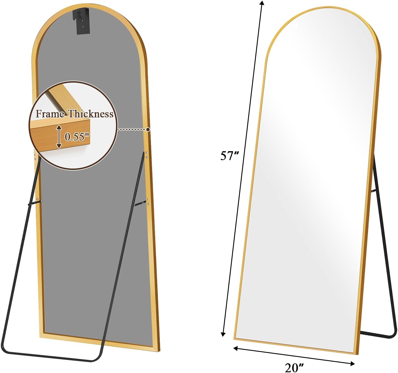 57"x19" Full Length Mirror, Arched Full Body Standing Mirror, Leaner Floor Mirror, Anti-Shatter Glass & Thin Alloy Frame, for Bedroom Living Room Entryway, Gold