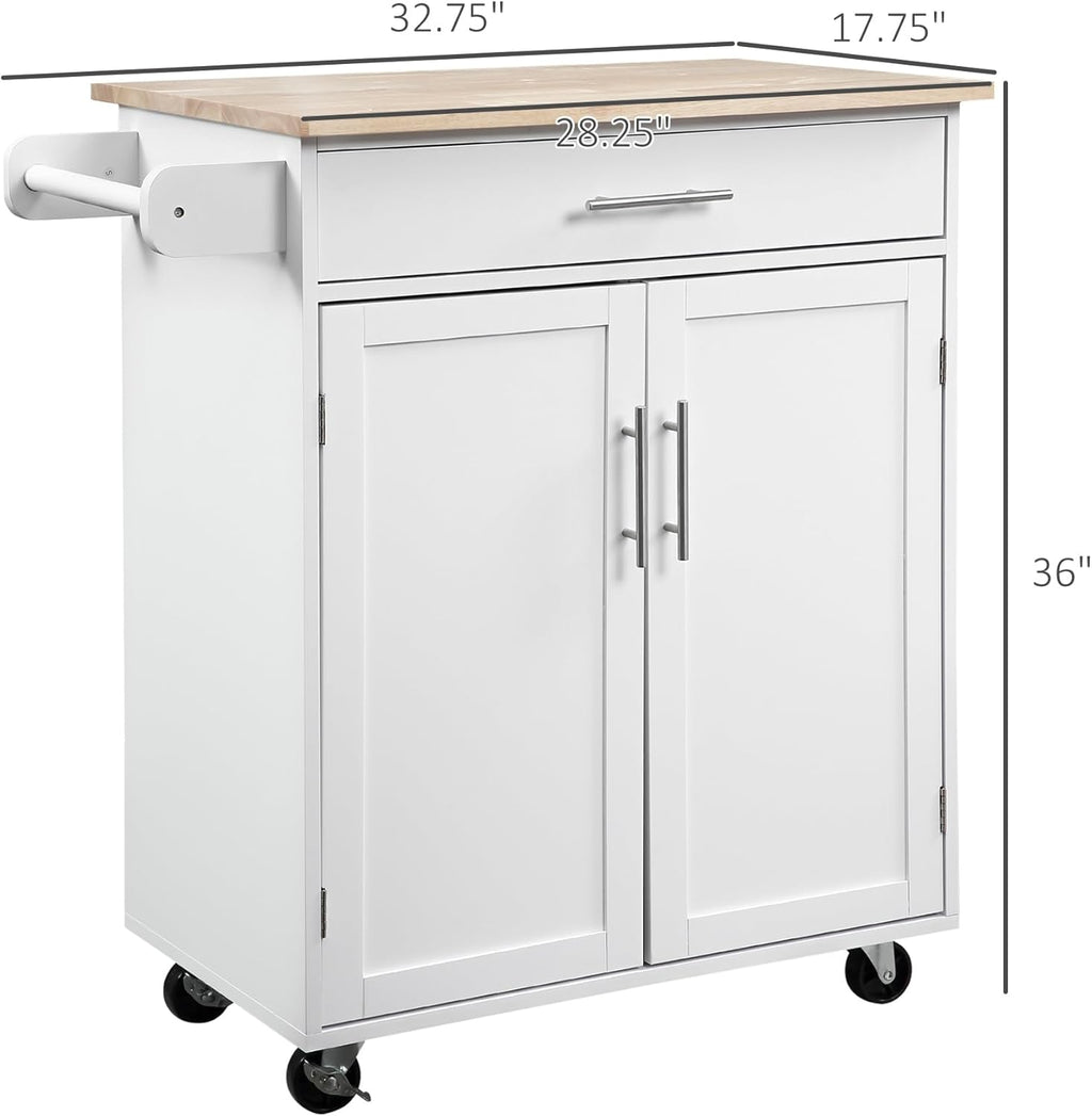 HOMCOM Kitchen Island Cart, Rolling Island Table with Solid Wood Top, Trolley Cart with Drawer, Storage Cabinet & Towel Rack, White