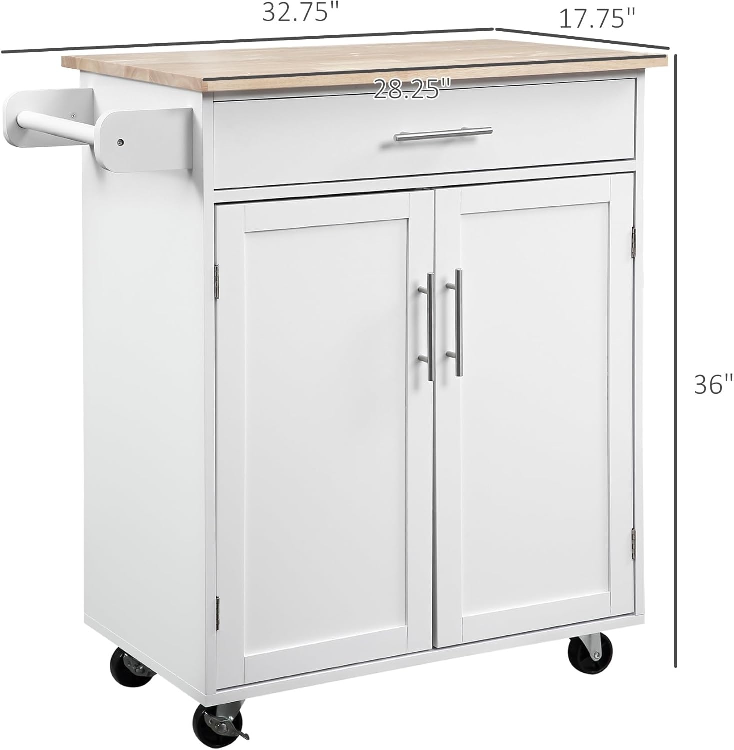 HOMCOM Kitchen Island Cart, Rolling Island Table with Solid Wood Top, Trolley Cart with Drawer, Storage Cabinet & Towel Rack, White