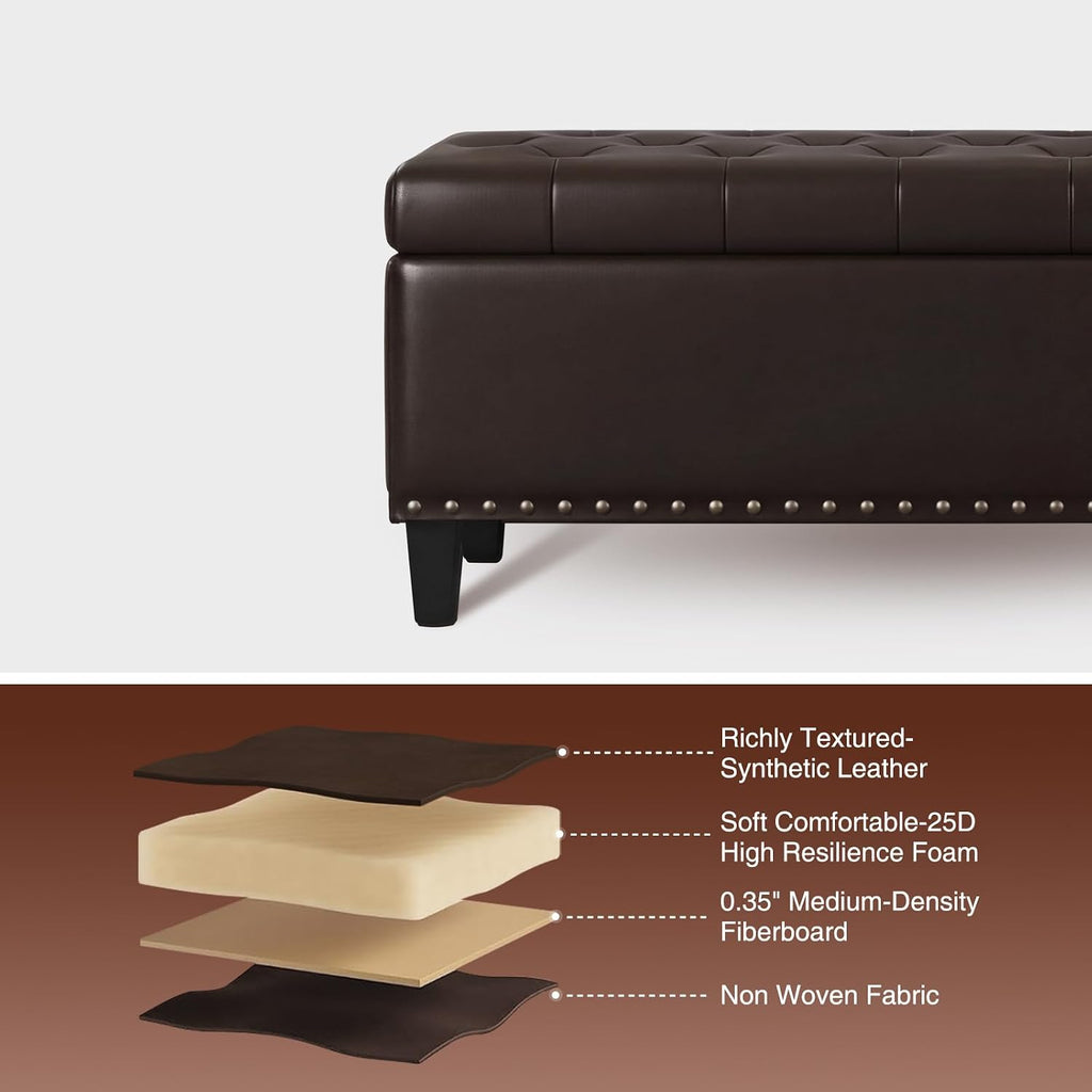 FiveWillowise Storage Ottoman Bench,51-Inch Large Storage Bench for Bedroom End of Bed, 30 Gallons Faux Leather Ottoman with Storage for Bedroom, Living Room, Entryway, Chocolate