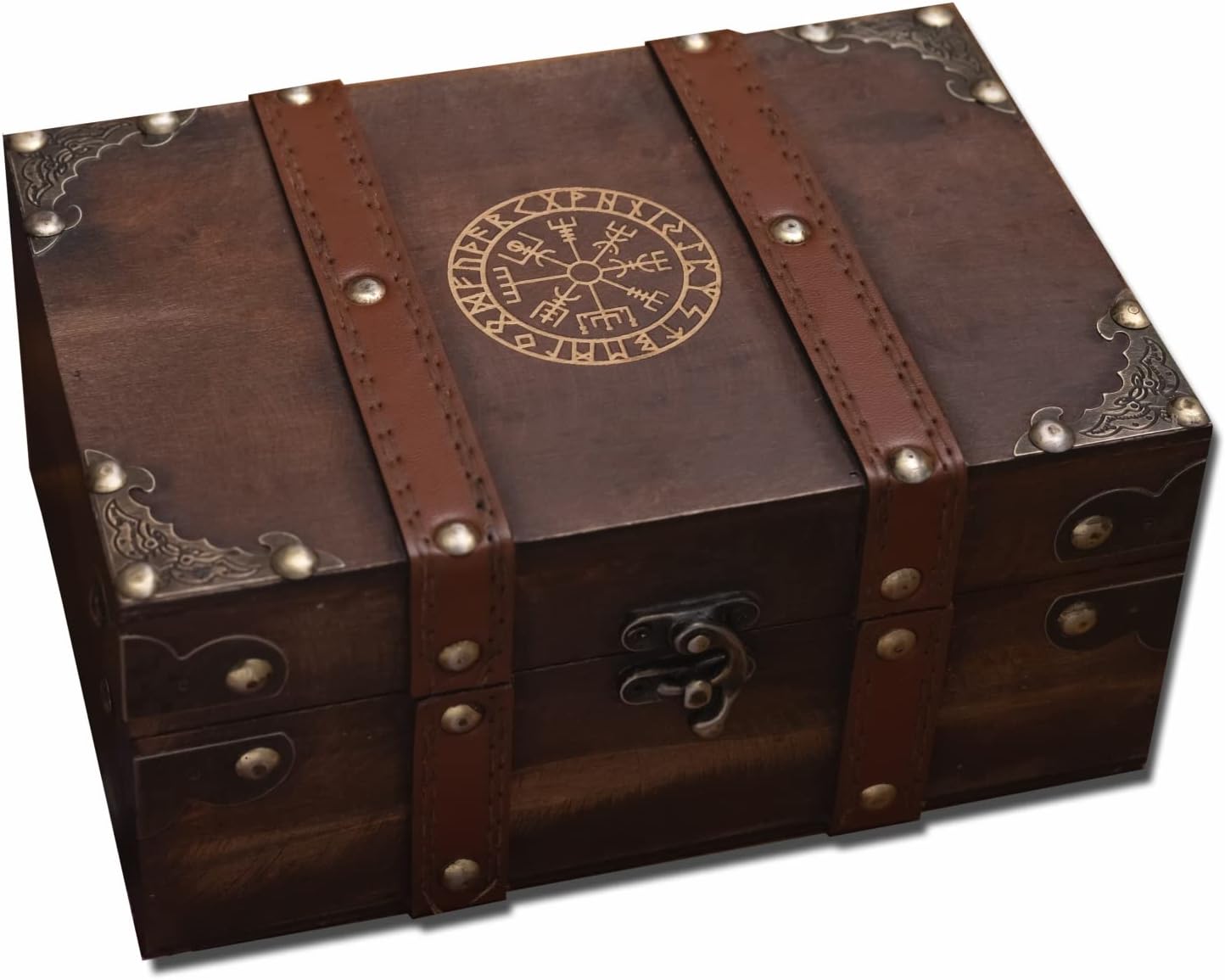 Gbrand 8.3" Wood and Leather The Runic Viking Compass Chest Box,Vegvisir Engraved Wooden Treasure Box with Velvet Lining,Vintage Tarot Box