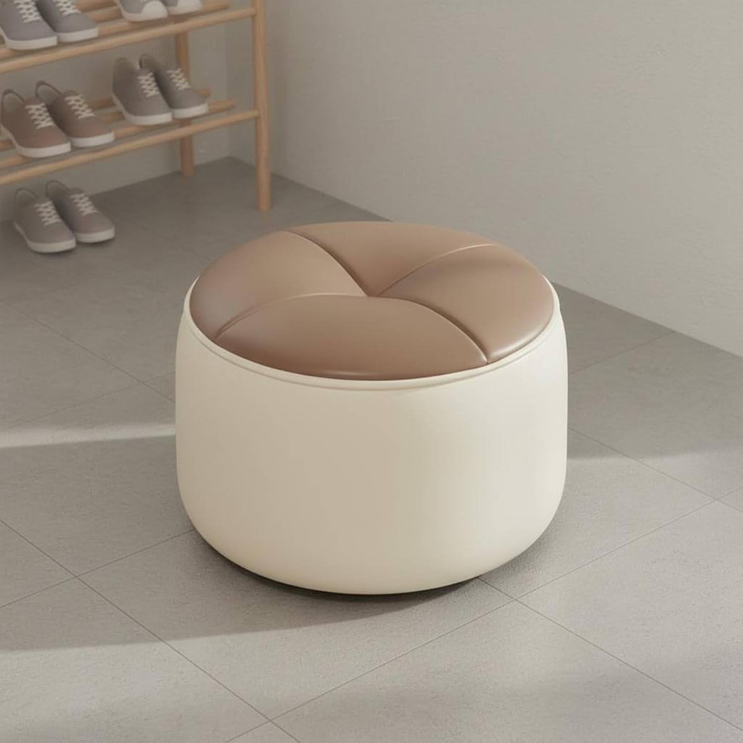 Round Padded Stool Light Sophisticated Design Round Padded Footstool Solid Wood Frame Entryway Shoe Stool for Kids, Bedroom, White-Orange