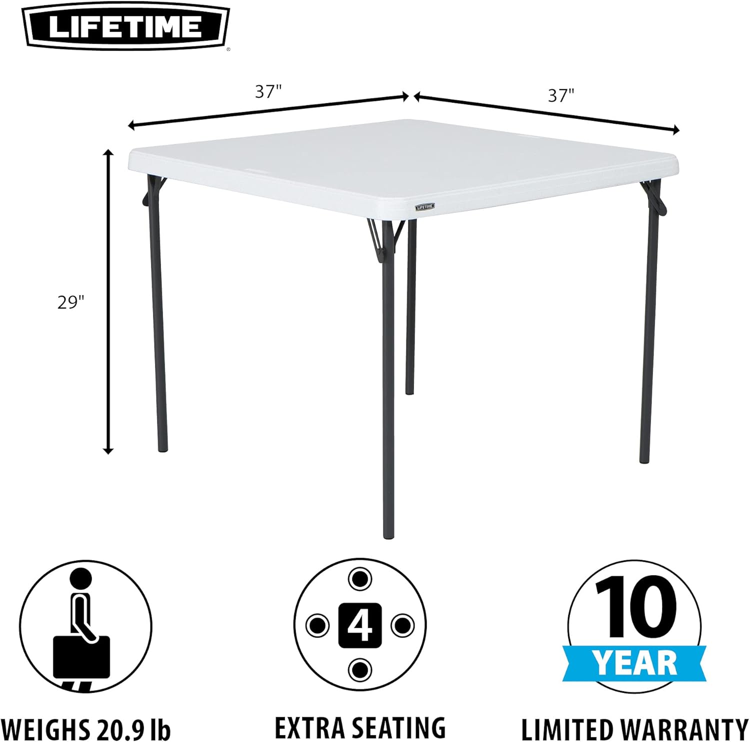 LIFETIME 80783 37-Inch Commercial Grade Square Folding Card Table, White Granite
