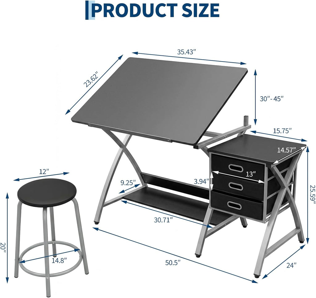 Garvee Tabletop Adjustable Drafting Table, Drawing Table for Adults, Drafting Desk Art Desk with Stool & 3 Storage Drawers, Modern Painting Studio Work Station for Home Office, 50.5 x 24 x 45 inch