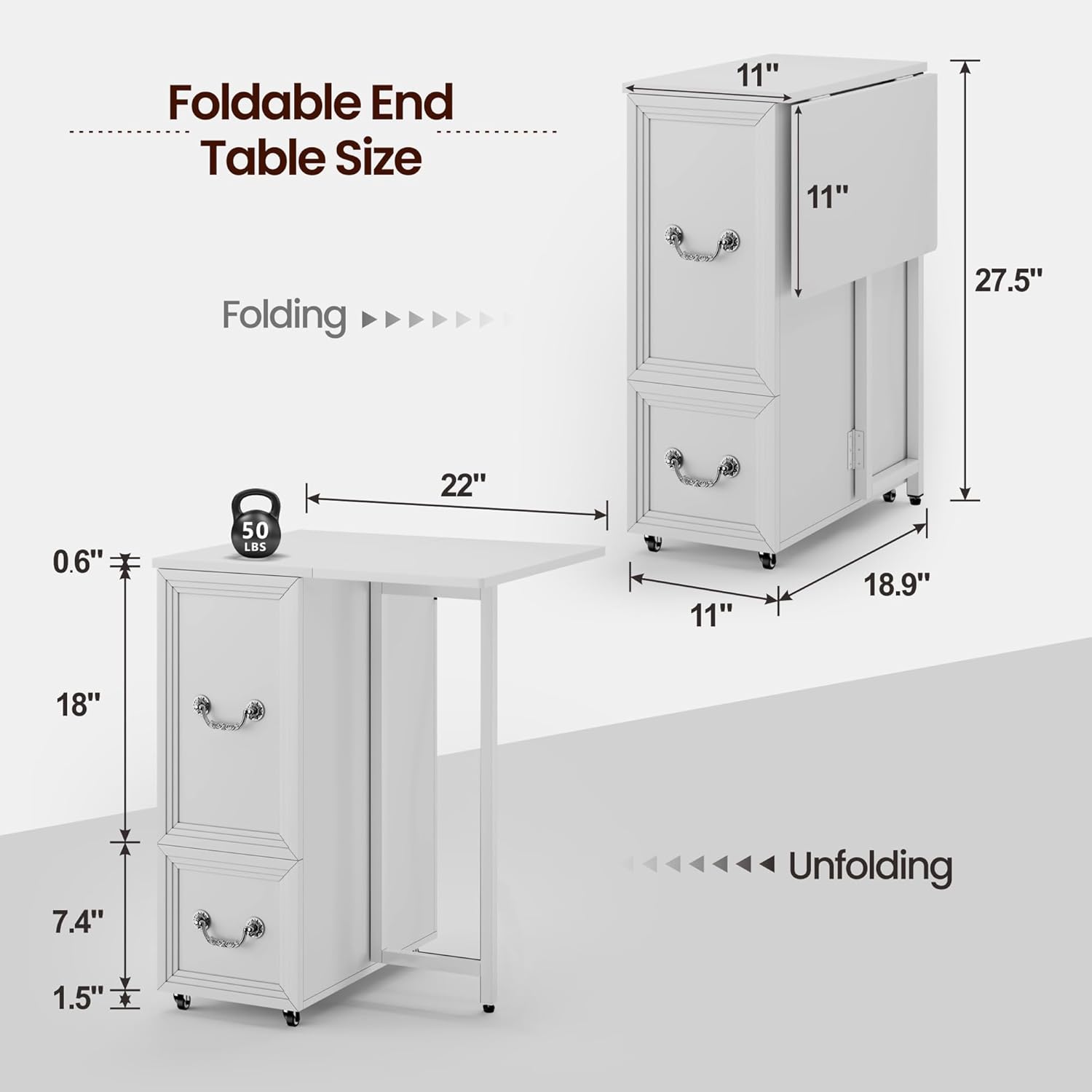 Dystler Side Table with Charging Station and LED Lights, 27.5" Tall Rolling End Table with Drawers and Shelves, Narrow Nightstand with Wheels for Small Space, Living Room, Bedroom, White