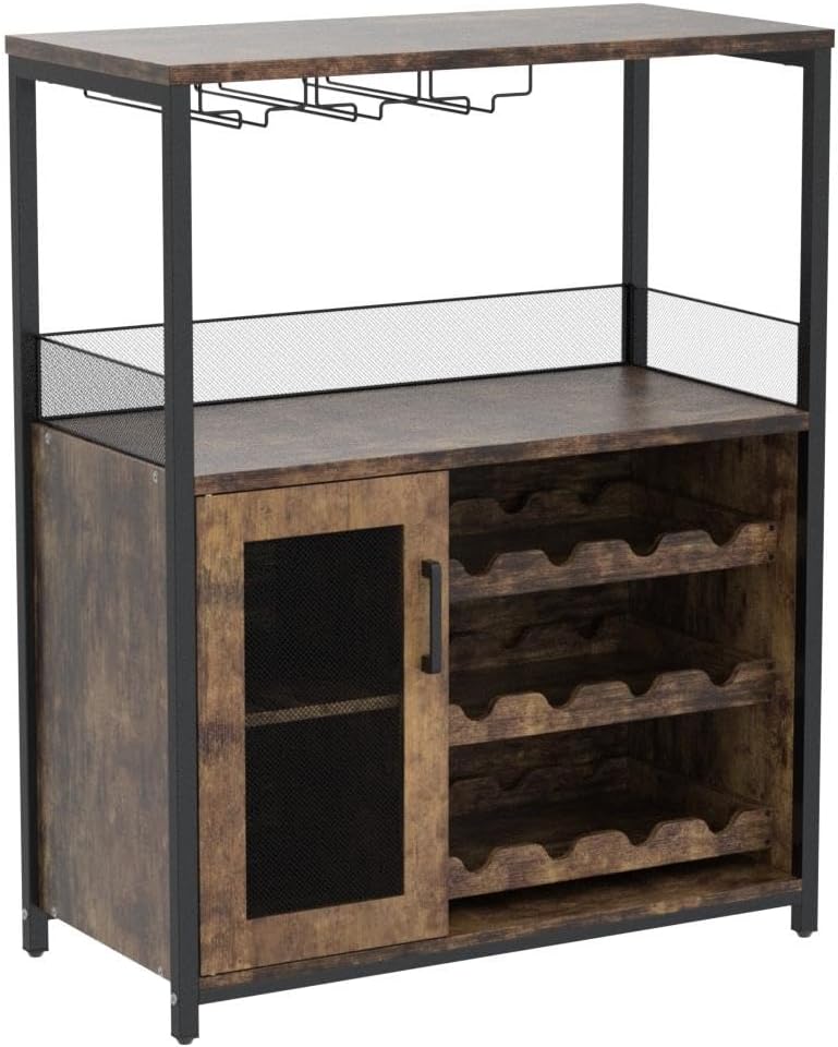 Amyove Wine Bar Cabinet with Detachable Wine Rack, Bar Rack with Glass Holder, Small Sideboard and Buffet Cabinet with Mesh Door, Rustic Brown