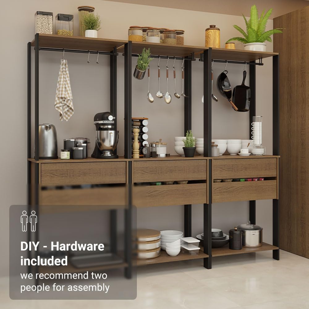 Madesa Kitchen Pantry Storage Rack with 6 Drawers and Hanging Spaces 82" L Multiuse Modular Cabinet for Kitchen Organization (Black/Brown)