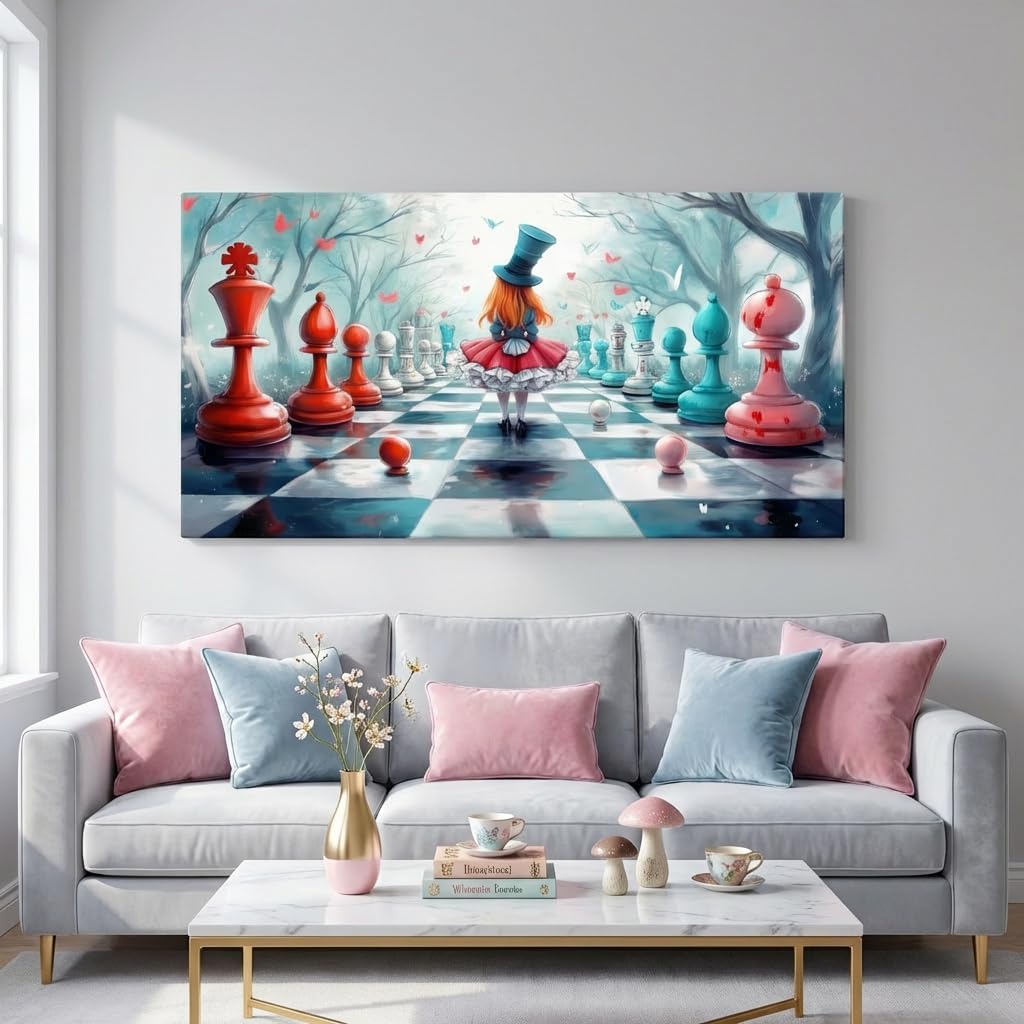 ZESTRILIA Alice in Wonderland Chess Canvas Wall Art, Fantasy Surrealist Whimsical Fairy Tale Decor for Living Room, Girls Bedroom Family Room (40x20 Inches)
