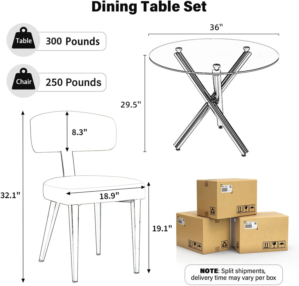 Round Dining Table Set for 4, 5-Piece Kitchen Table and Boucle Chairs for 4, 36" Round Dining Room Table Set with 4 Chairs, Glass Dining Table with Metal Legs for Kitchen, White&Silver