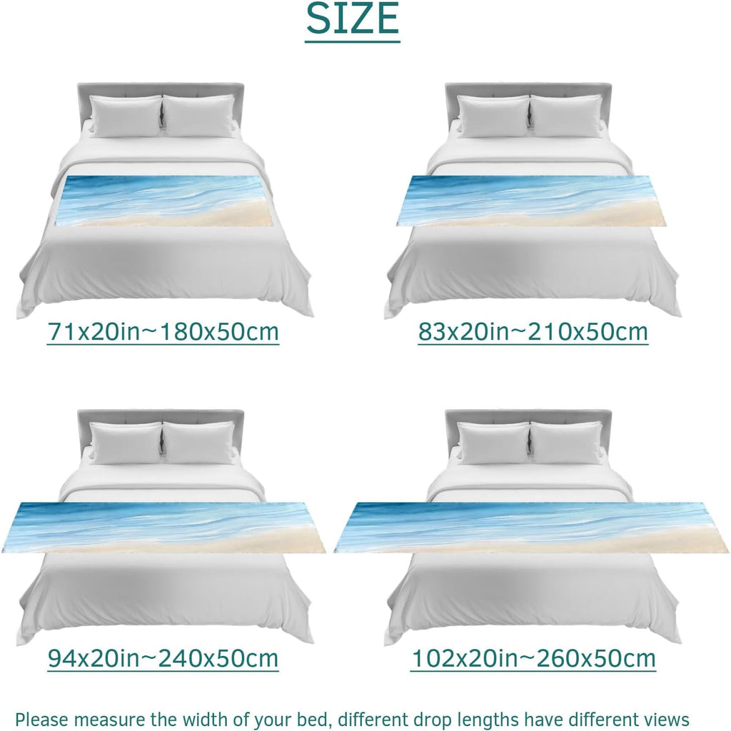 Bed Runner Scarf for King Size Bed, Blue Summer Beach Beds Scarf Throws for Foot of Bedding, Coastal Ocean Nautical Seaside Decorative Beds Runners for Bedroom Guestroom, 94"x20"