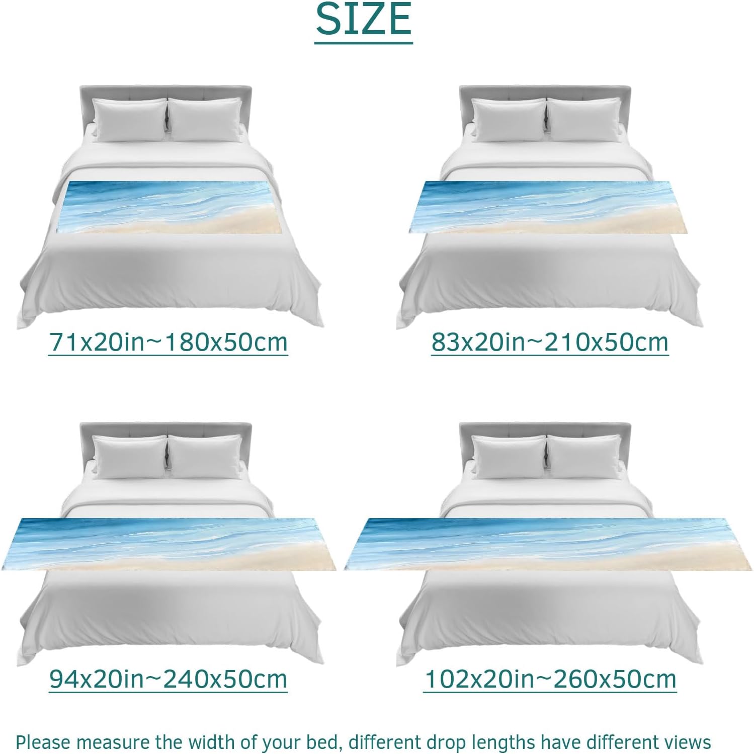 Bed Runner Scarf for King Size Bed, Blue Summer Beach Beds Scarf Throws for Foot of Bedding, Coastal Ocean Nautical Seaside Decorative Beds Runners for Bedroom Guestroom, 94"x20"