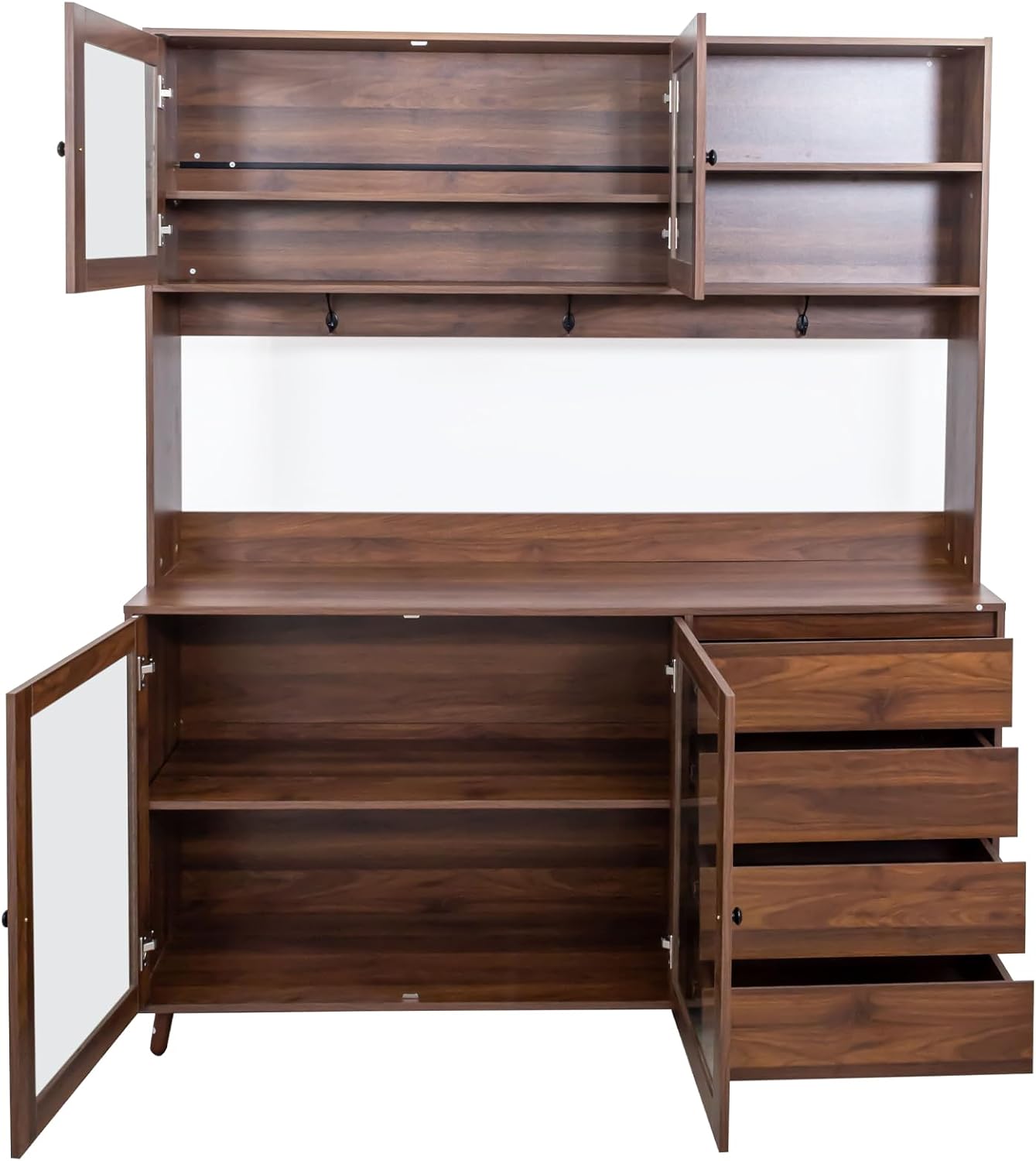 Spacious 63" Kitchen Pantry Cabinet, Freestanding Hutch with 4 Doors & 4 Drawers, Large Storage Cupboard with Microwave Shelf for Kitchen and Dining Room (Walnut)