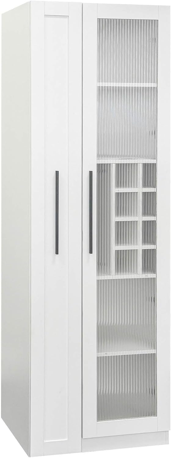 Kitchen Pantry Cabinet with Pull-Out Shelves, Farmhouse Storage Cabinet with Glass Doors, Freestanding Pantry Organizer and Bar Cabinet for Kitchen, Dining Room & Living Room, White
