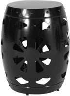 Penau Metal End Table, Powder-Coated Iron Barrel Accent Side Table, Decorative Iron Cut Floral Pattern, No Assembly, 16.50 x 16.50 x 20.75 Inchs, Black