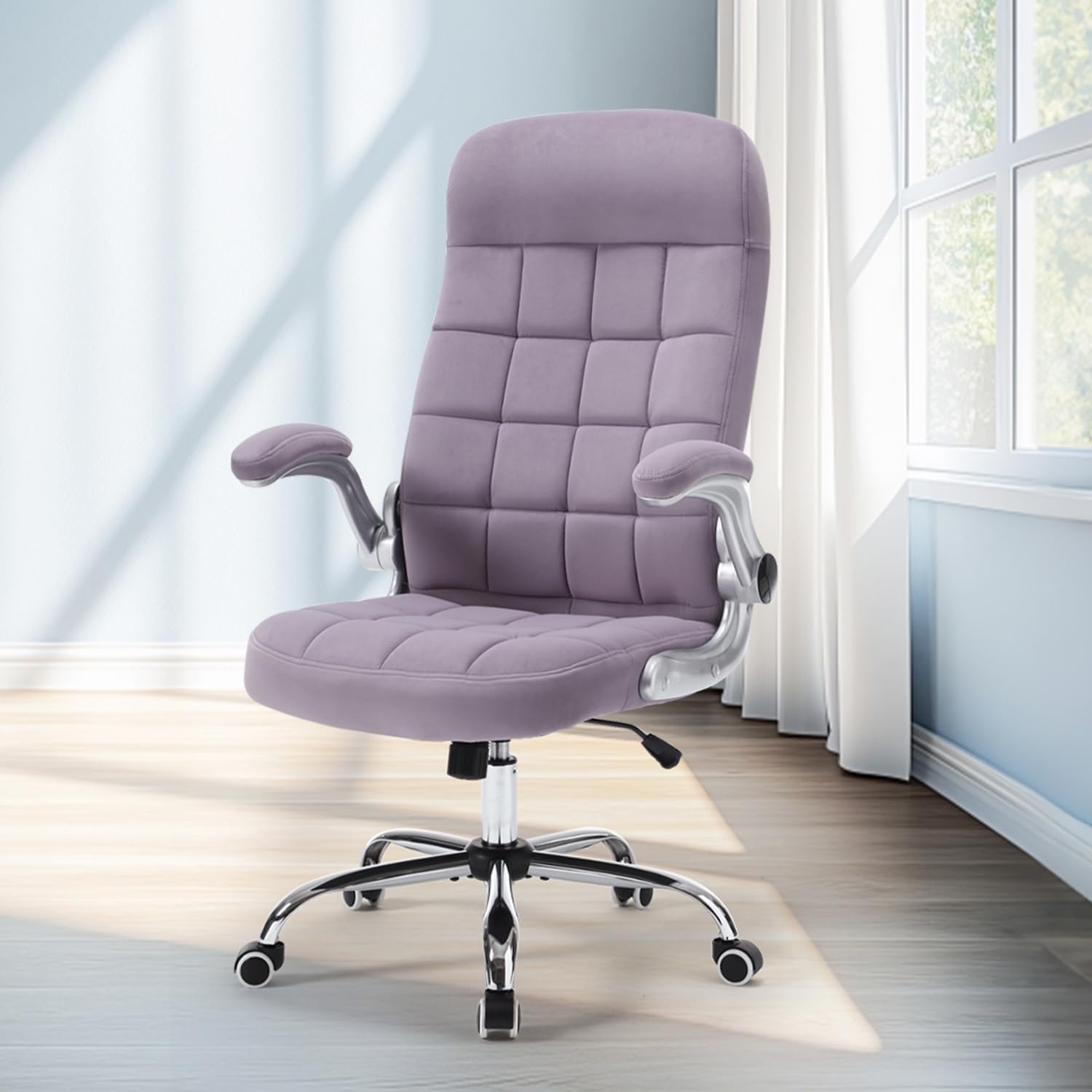 High Back Velvet Office Chair Purple, Comfy Home Executive Desk Chairs with Flip-Up Arms, Fabric Ergonomic Chairs with Lumbar Support, Stylish Computer Swivel Chair with Wheels for Women