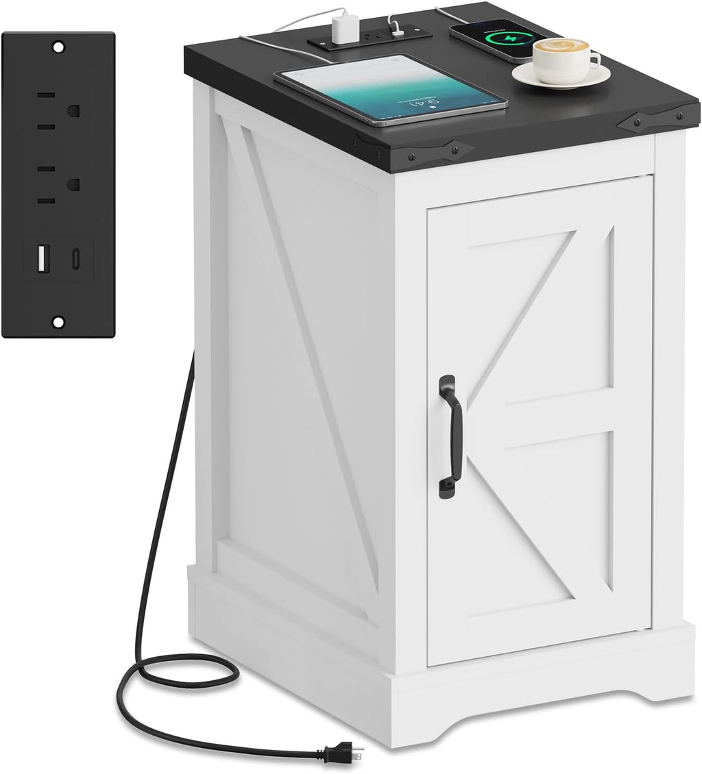 Farmhouse End Table with Charging Station & 2 USB-c Ports | Modern Bedside Table with 2 AC Outlets, Adjustable Shelf, Cable Management | Convenient Power End Table for Bedroom, Living Room