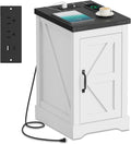 Farmhouse End Table with Charging Station & 2 USB-c Ports | Modern Bedside Table with 2 AC Outlets, Adjustable Shelf, Cable Management | Convenient Power End Table for Bedroom, Living Room