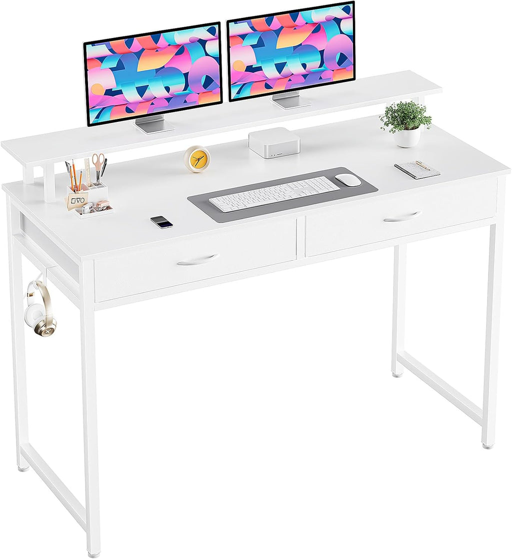 DUMOS 39.4" x 19.7" Compact Computer Desk with Monitor Stand and 2 Drawers, Small Writing Desk with Drawers for Home Office, Study Table for Small Spaces, White