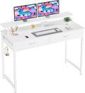 DUMOS 39.4" x 19.7" Compact Computer Desk with Monitor Stand and 2 Drawers, Small Writing Desk with Drawers for Home Office, Study Table for Small Spaces, White