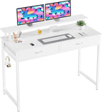 DUMOS 39.4" x 19.7" Compact Computer Desk with Monitor Stand and 2 Drawers, Small Writing Desk with Drawers for Home Office, Study Table for Small Spaces, White