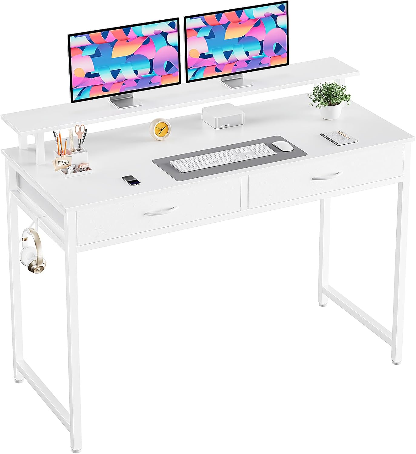 DUMOS 39.4" x 19.7" Compact Computer Desk with Monitor Stand and 2 Drawers, Small Writing Desk with Drawers for Home Office, Study Table for Small Spaces, White