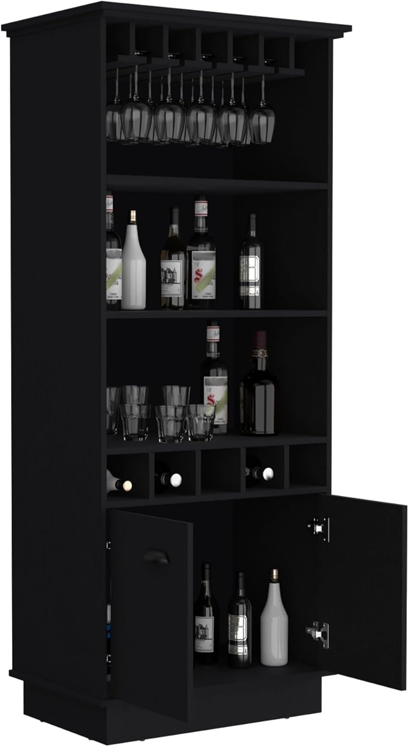 70-Inch High 10-Glass Bar Cabinet with 5 Cubbies and 3 Open Shelves and Cabinet ﻿,for Kitchen