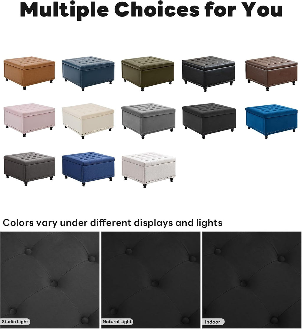 Tbfit Large Square Storage Ottoman Bench, Button Tufted Upholstered Coffee Table Ottoman with Wooden Legs, Oversized Storage Ottomans Toy Box Footrest for Living Room, Black Velvet