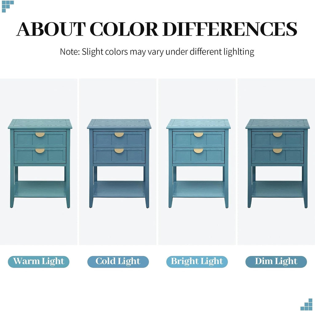 22" Blue Nightstand with 2 Storage Drawers Bedside Table with Open Shelf Modern Wood End Table for Bedroom Room Gold Handles
