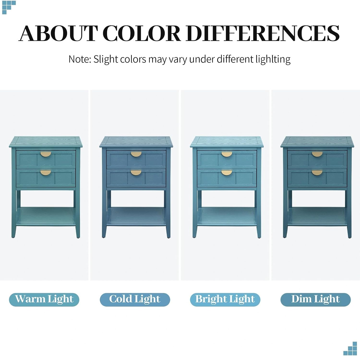 22" Blue Nightstand with 2 Storage Drawers Bedside Table with Open Shelf Modern Wood End Table for Bedroom Room Gold Handles