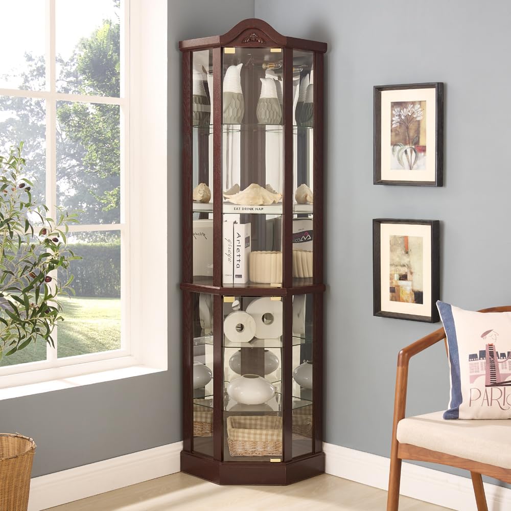 KEIKI 72" Corner Glass Display Cabinet with Adjustable Shelves, for Collectibles, Storage Curio Cabinet with Arched Floral Carving Decoration, 6-Tier Showcase Display Case, for Living Room, Cherry