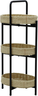 Handwoven Paper Rope Side Table, 3 Tier Oval Storage Shelf, Removable Basket Stand, Metal Frame End Accent Organizer for Kitchen Living Room Bedroom Balcony Picnic Snacks Plants Decor (Natural)