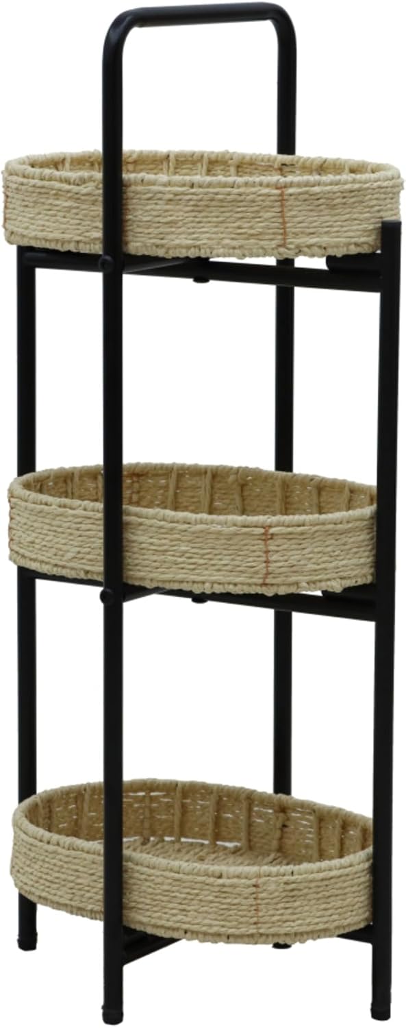 Handwoven Paper Rope Side Table, 3 Tier Oval Storage Shelf, Removable Basket Stand, Metal Frame End Accent Organizer for Kitchen Living Room Bedroom Balcony Picnic Snacks Plants Decor (Natural)