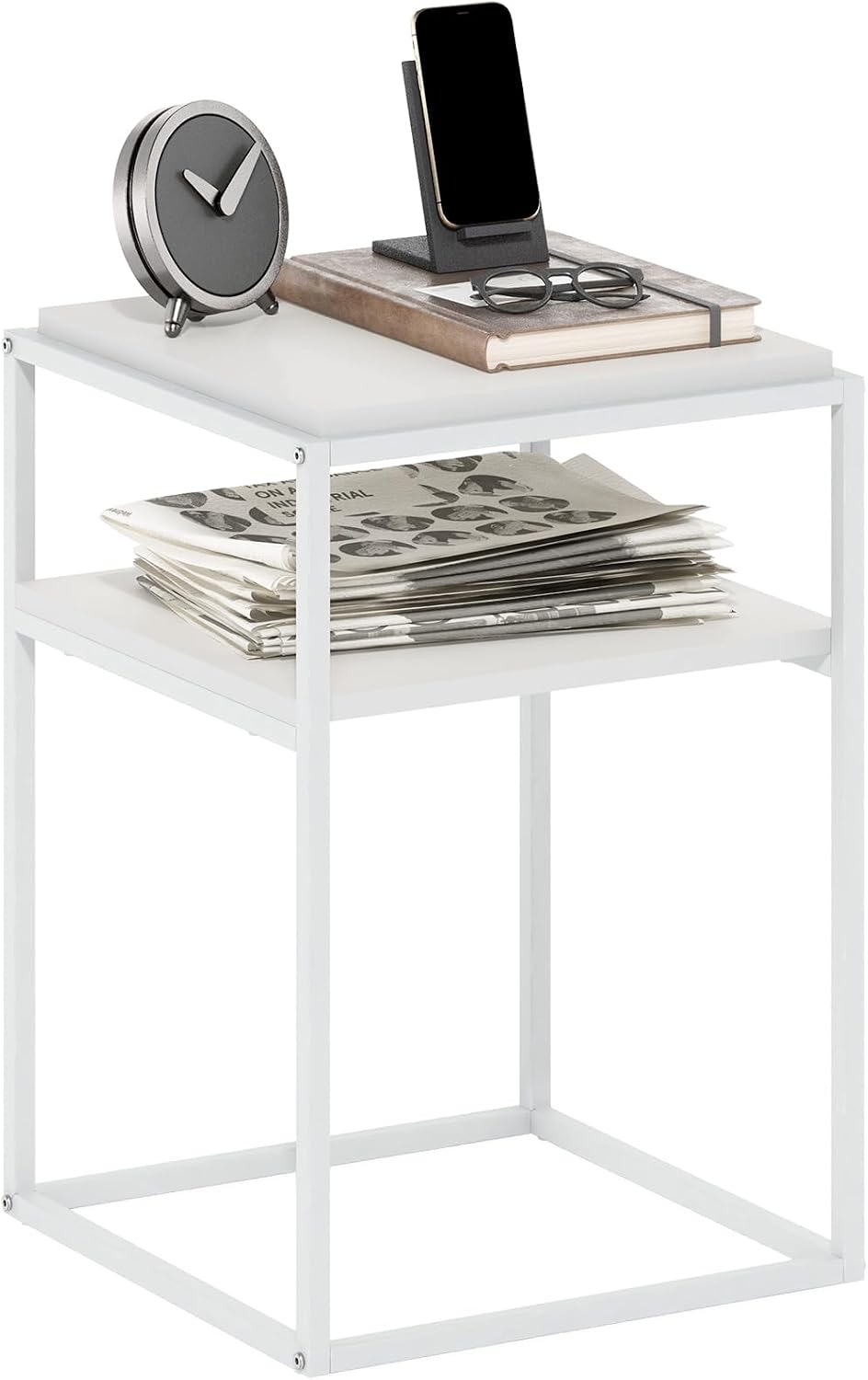 Furinno Moretti Side Table, 2-Tier Stackable Metal Frame End Table with Open Shelf, Night Stand, Bedside Table, Toolless Assembly, for Living Room, Bedroom, Solid White